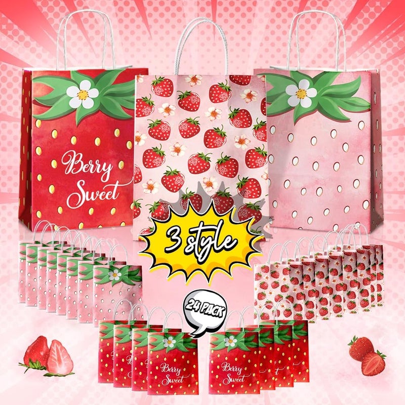 JOYGATHER 24 Pcs Strawberry Party Favor Bags With Handles - Berry Goodie Gift Bags for Kids, Kraft Paper for Birthday Party Supplies and Decorations - Image 2